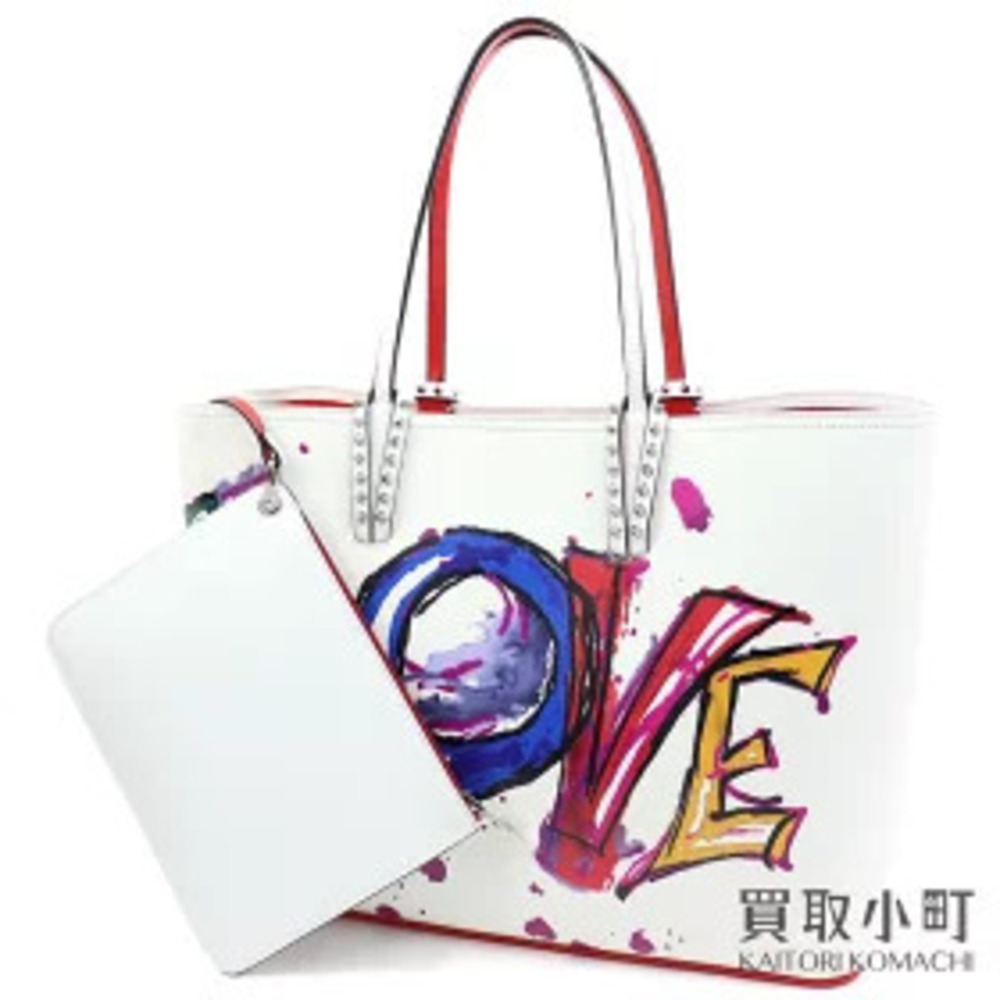 Christian Louboutin Cabata Graffiti LOVE Tote Bag White Leather Handbag Studs